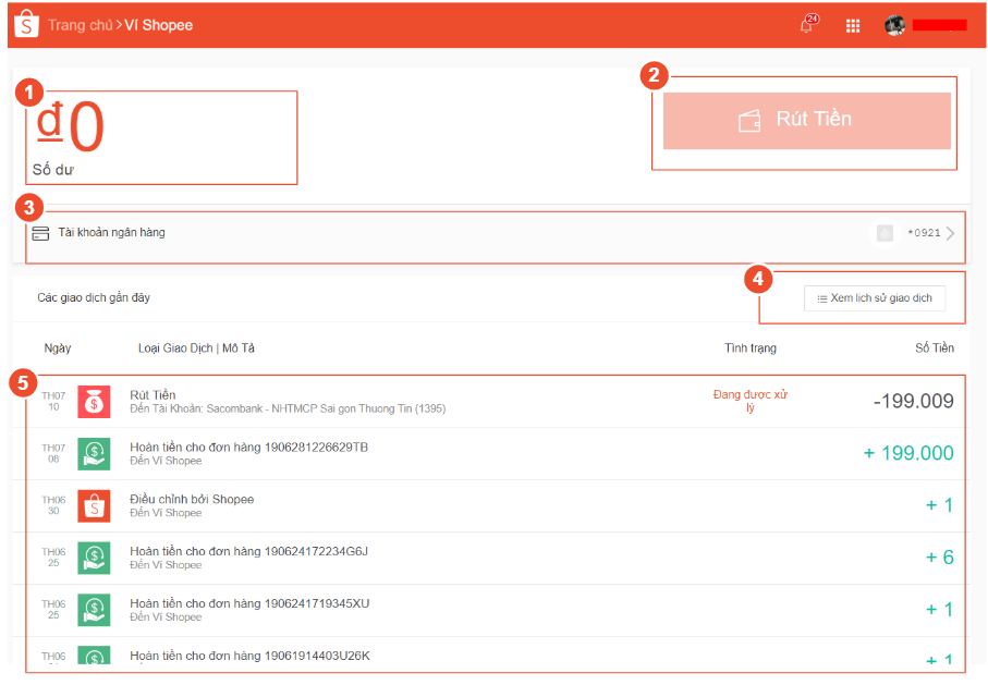không nhận được tiền từ ví shopee