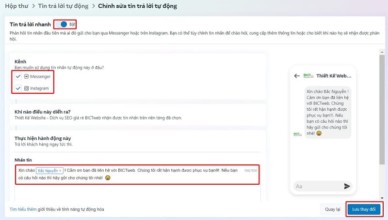 thiết lập trả lời tin nhắn tự động facebook