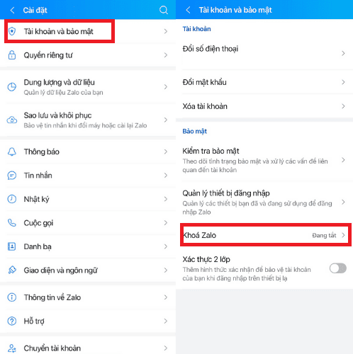 cách khóa zalo bước 2