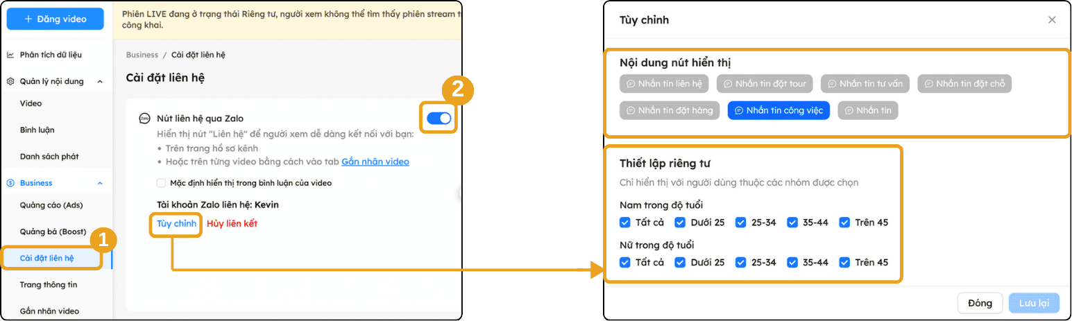 Hướng dẫn livestream Zalo gắn giỏ hàng Mini App